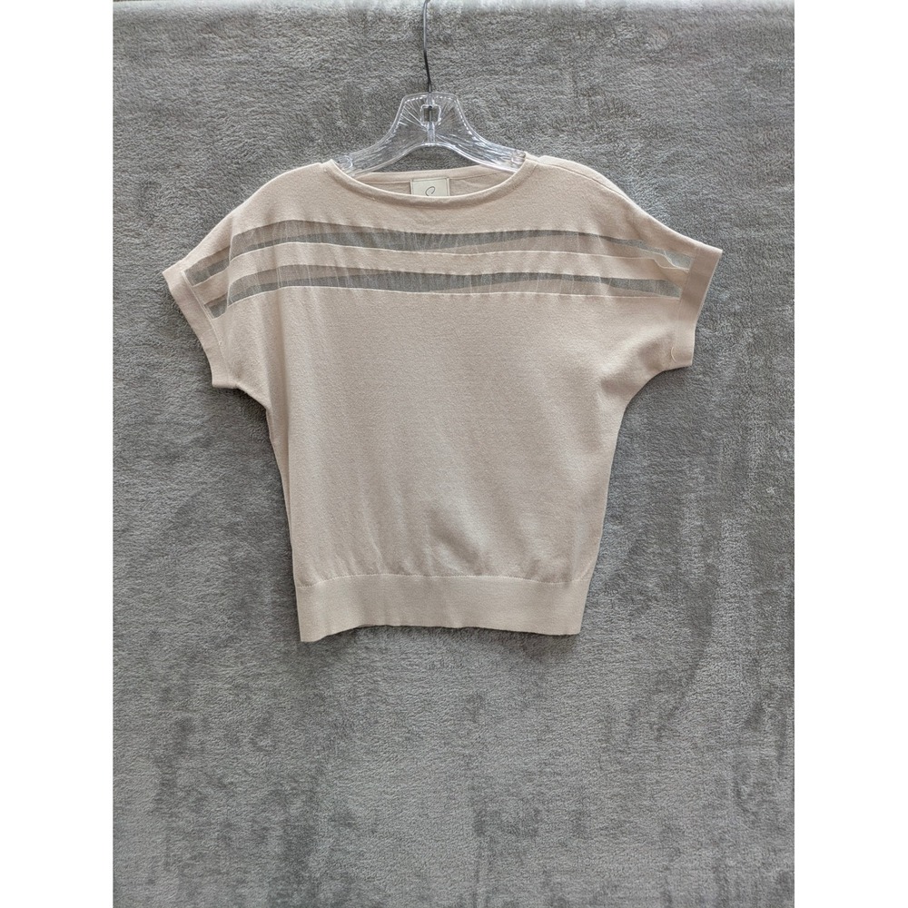 Sioni Mesh Stripe Knit Top Womens‎ XS Beige Short Sleeve Minimalist